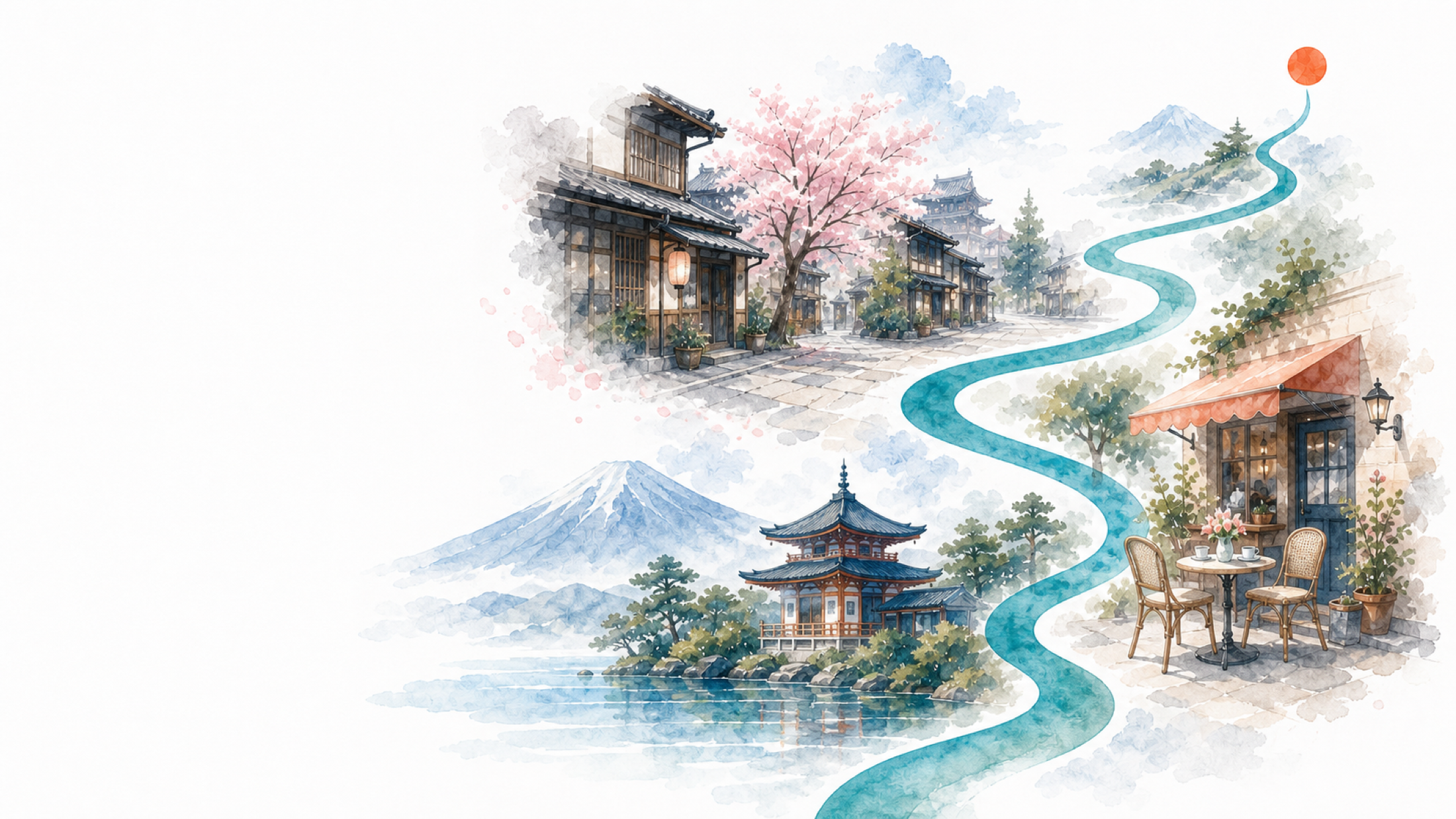 水彩で描かれた日本の町並み、湖畔、カフェをつなぐ旅路